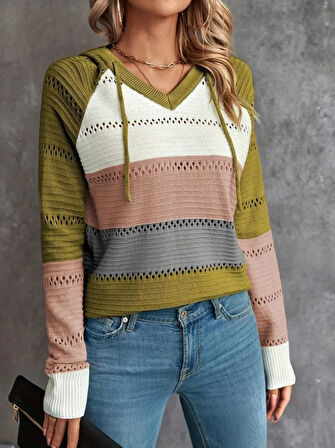 TUA MODA Kadın Uzun Kollu V Yakalı Bağcıklı Kapşonlu Triko Bluz