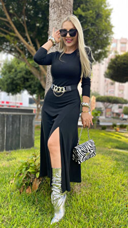 TUA MODA Kadın Uzun Kollu Bisiklet Yaka Yırtmaçlı Kemerli Uzun çilek Elbise