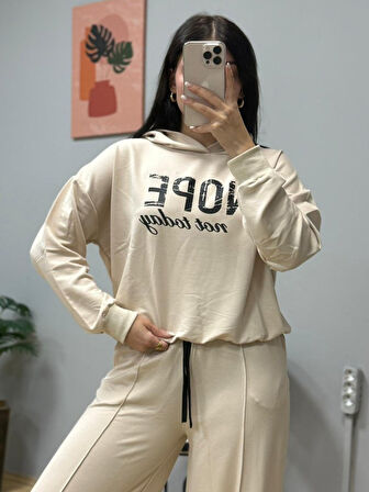 TUA MODA Kadın Uzun Kollu Nope Baskılı Beli Ribanalı Ikili Takım