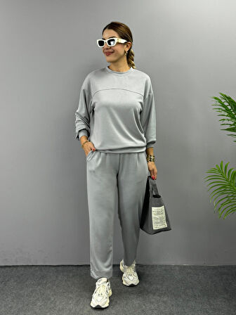 TUA MODA Kadın Uzun Kollu Bisiklet Yaka Viskon Iki Iplik Bluz Ve Pantolon Ikili Takım