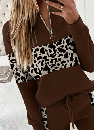 TUA MODA Kadın Uzun Kollu Fermuarlı Karışık Desenli Viskon Iki Iplik Bluz Ve Pantolon Ikili Takım