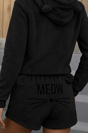 TUA MODA Kadın Uzun Kollu Kapşonlu Peluş Bluz Ve Kısa Short Ikili Takım