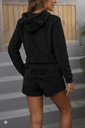 TUA MODA Kadın Uzun Kollu Kapşonlu Peluş Bluz Ve Kısa Short Ikili Takım