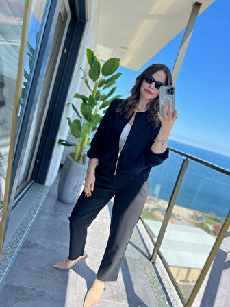 TUA MODA Kadın Uzun Kollu önden Fermuarlı Modal Ceket Ve Pantolon Ikili Takım