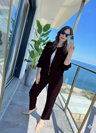 TUA MODA Kadın Uzun Kollu önden Fermuarlı Modal Ceket Ve Pantolon Ikili Takım