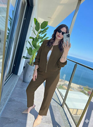 TUA MODA Kadın Uzun Kollu önden Fermuarlı Modal Ceket Ve Pantolon Ikili Takım