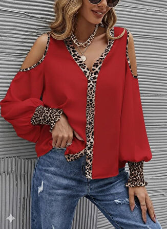 TUA MODA Kadın Omuzlardan Açık Yakalı önden Düğmeli Leopar Detaylı Sandy Bluz