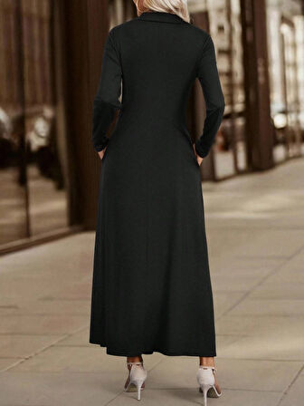 TUA MODA Kadın Uzun Kollu Yakalı önden Fermuarlı Uzun Viskon Iki Iplik Elbise