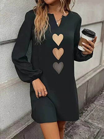 TUA MODA Kadın Uzun Kollu V Yakalı Kalp Desenli Mini Ithal Krep Elbise