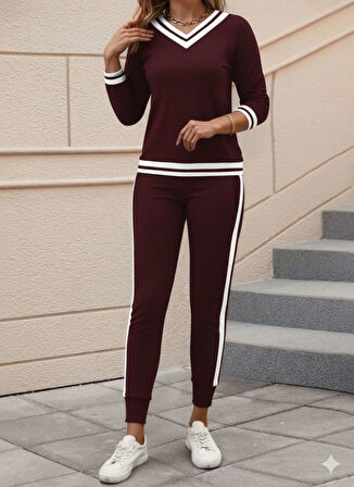 TUA MODA Kadın Uzun Kollu V Yakalı Ribanalı Viskon Iki Iplik Bluz Ve Pantolon Ikili Takım