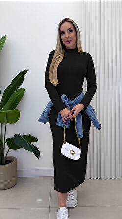 TUA MODA Kadın Uzun Kollu Balıkçı Yakalı Yanlardan Yırtmaçlı Kaşkorse Maxi Elbise