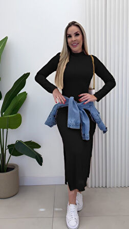 TUA MODA Kadın Uzun Kollu Balıkçı Yakalı Yanlardan Yırtmaçlı Kaşkorse Maxi Elbise