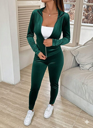 TUA MODA Kadın Uzun Kollu önden Fermuarlı Kadife Bluz Ve Pantolon Ikili Takım