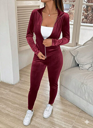 TUA MODA Kadın Uzun Kollu önden Fermuarlı Kadife Bluz Ve Pantolon Ikili Takım