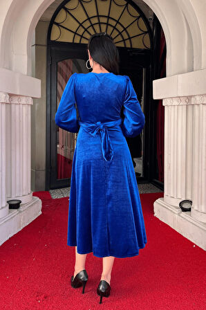 TUA MODA Kadın Uzun Kollu V Yaka Kuşak Dahil Kadife Kumaş Midi Boy Elbise