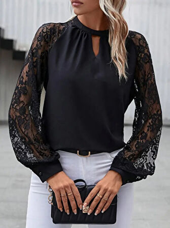 TUA MODA Kadın Uzun Dantel Kollu Yuvarlak Yakalı Sandy Bluz