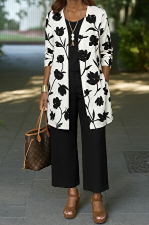 TUA MODA Kadın Uzun Kollu önü Açık Modal Ceket Kolsuz Viskon Iki Iplik Bluz Ve Pantolon üçlü Takım