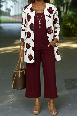 TUA MODA Kadın Uzun Kollu önü Açık Modal Ceket Kolsuz Viskon Iki Iplik Bluz Ve Pantolon üçlü Takım