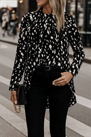 TUA MODA Kadın Uzun Kollu Yarı Balıkçı Yaka Desenli Dokuma Bluz