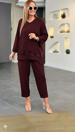 TUA MODA Kadın Uzun Kollu V Yakalı Pulpayet Viskon Iki Iplik Bluz Ve Pantolon Takım