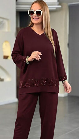 TUA MODA Kadın Uzun Kollu V Yakalı Pulpayet Viskon Iki Iplik Bluz Ve Pantolon Takım
