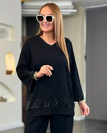 TUA MODA Kadın Uzun Kollu V Yakalı Pulpayet Viskon Iki Iplik Bluz Ve Pantolon Takım