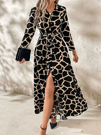 TUA MODA Kadın Uzun Kollu Yakalı önü Düğmeli Desenli Belden Kuşaklı Uzun Süprem Elbise