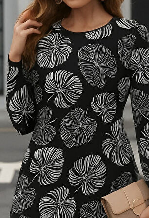 TUA MODA Kadın Uzun Kollu Bisiklet Yaka Desenli Kısa Krep Elbise