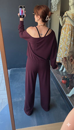 TUA MODA Kadın Uzun Kollu Tek Omuzdan Açık Viskon Iki Iplik Bluz Ve Pantolon Ikili Takım