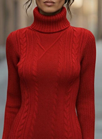 TUA MODA Kadın Uzun Kollu Balıkçı Yaka Kısa Triko Elbise