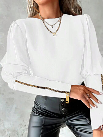 TUA MODA Kadın Uzun Kollu Bisiklet Yaka Fermuar Detaylı Ithal Krep Bluz