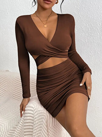 TUA MODA Kadın Uzun Kollu çapraz Dekolte Detaylı Mini Sandy Elbise