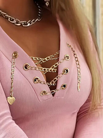 TUA MODA Kadın Uzun Kollu V çapraz Zincir Detaylı Kaşkorse Bluz