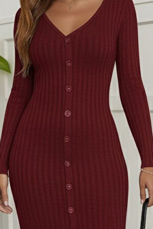 TUA MODA Kadın Uzun Kollu V Yakalı önden Düğmeli şardonlu Kaşkorse Elbise