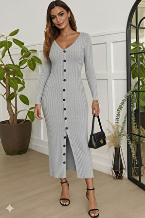 TUA MODA Kadın Uzun Kollu V Yakalı önden Düğmeli şardonlu Kaşkorse Elbise