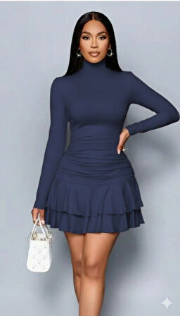 TUA MODA Kadın Uzun Kollu Balıkçı Yaka Mini Fırfırlı Sandy Elbise