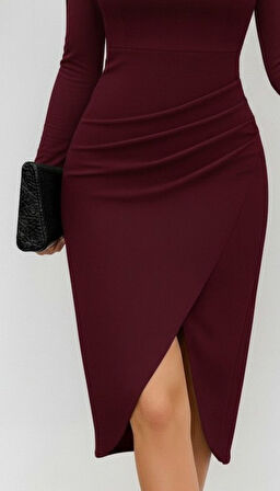 TUA MODA Kadın Uzun Kollu Kalp Yaka önden çapraz Detaylı Midi Ithal Krep Elbise