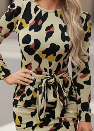 TUA MODA Kadın Uzun Kollu Yuvarlak Yaka Belden Kuşaklı önden Yırtmaçlı örme Krep Elbise