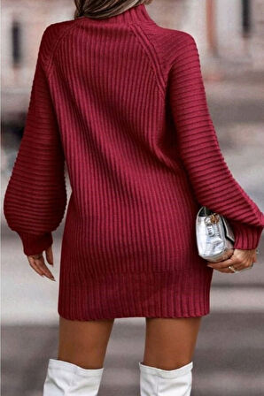 TUA MODA Kadın Uzun Kollu Balıkçı Yaka Mini Triko Elbise