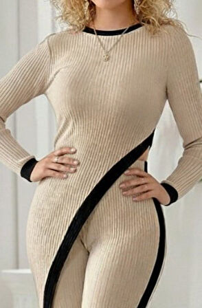 TUA MODA Kadın Uzun Kollu Bisiklet Yaka Asimetrik Kesim Bluz şardonlu Kaşkorse Bluz Ve Pantolon Ikili Takım