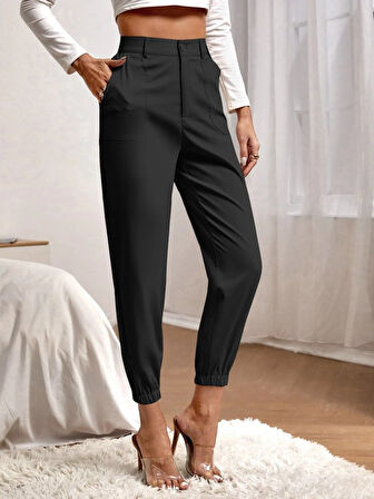 TUA MODA Kadın Yüksek Bel Cepli Paçası Lastikli Ithal Krep Pantolon