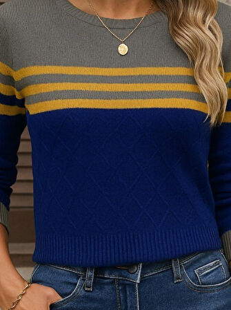 TUA MODA Kadın Uzun Kollu Bisiklet Yaka çok Renkli Triko Bluz