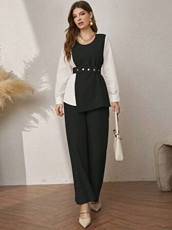 TUA MODA Kadın Uzun Kollu Açık Yakalı çift Renkli Kemerli Ithal Krep Ikili Takım