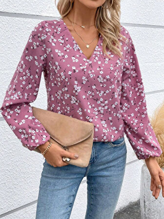 TUA MODA Kadın Uzun Kollu V Yakalı çiçek Desenli Modal Bluz