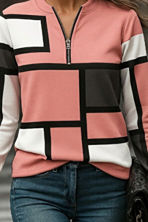 TUA MODA Kadın Uzun Kollu Yakadan Fermuarlı Desenli şardonlu Dalgıç Bluz