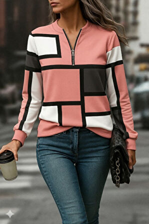 TUA MODA Kadın Uzun Kollu Yakadan Fermuarlı Desenli şardonlu Dalgıç Bluz