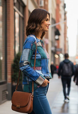 TUA MODA Kadın Uzun Kollu Yakadan Fermuarlı Kot Görünüm Desenli Uzun Modal Bluz