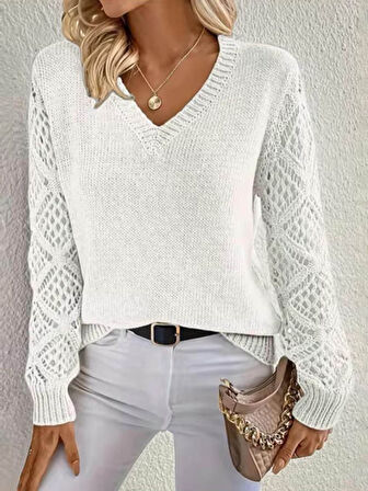 TUA MODA Kadın Uzun Kollu V Yaka Kol Delikli Baklava Desen Detaylı Triko Kazak