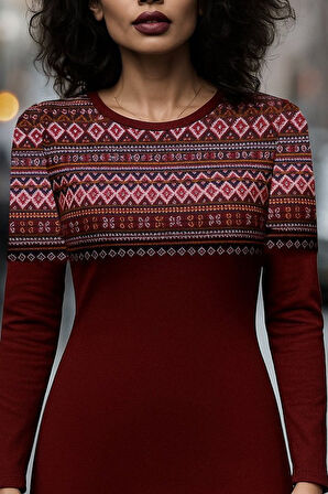 TUA MODA Kadın Uzun Kollu Bisiklet Yaka Etnik Desenli Kısa şardonlu Dalgıç Elbise