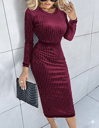 TUA MODA Kadın Uzun Kollu Bisiklet Yaka Taşlı Midi Kadife Elbise